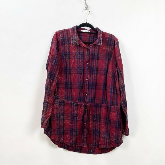 2/$30 Maurices 1 1X Plus Womens Red Blue Acid Wash Plaid Button-up Tie Waist Top - Picture 1 of 8